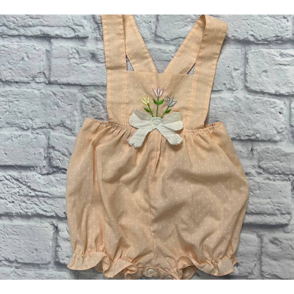 Vintage Cuties by Judy Romper Overall Peach Pink Dot Size 12 months Tulip Bow